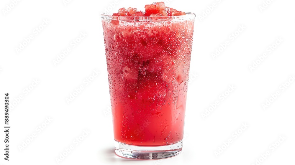 Glass filled with iced watermelon juice, isolated white background, studio lighting for focused advertising Glass filled with iced watermelon juice, isolated white background, studio lighting for focused advertising