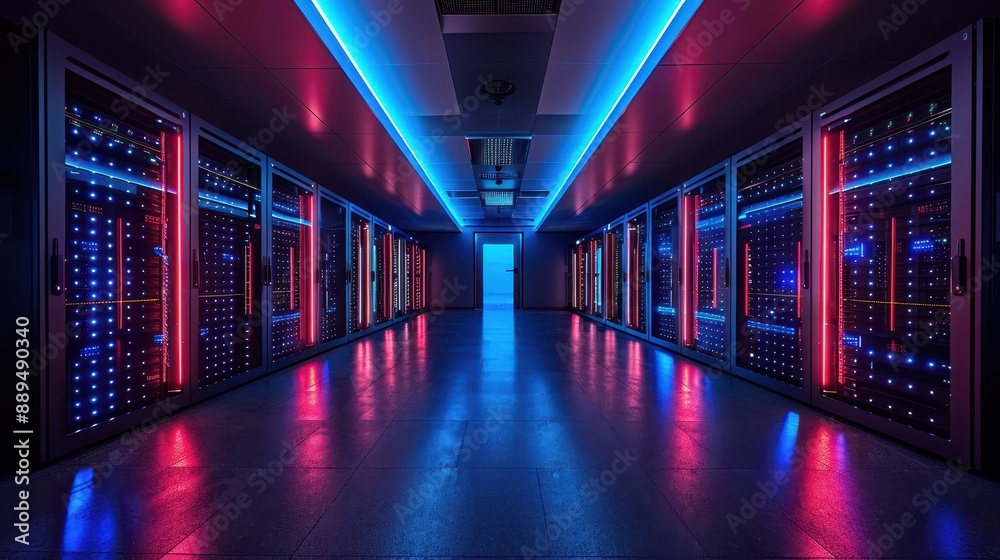 Futuristic Server Room with Racks of Servers and Blue LED Lights, Blank Space for Text Futuristic Server Room with Racks of Servers and Blue LED Lights, Blank Space for Text