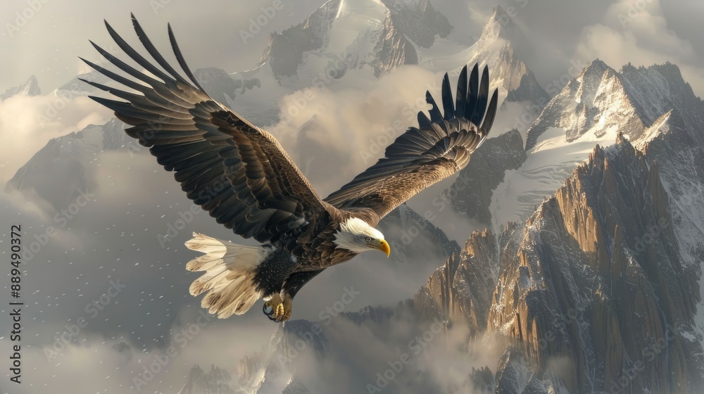 Obraz premium Mountain peaks flying with low clouds and eagle majestically generative ai