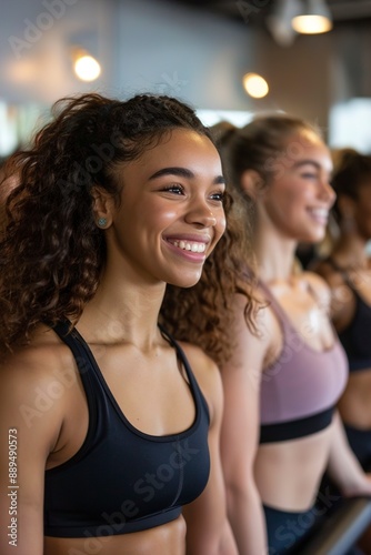 Smiling women at barre in exercise class gym studio © Jorge Ferreiro