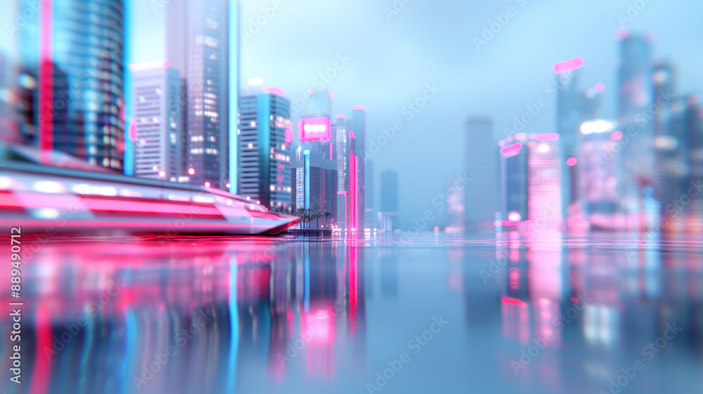 A futuristic cityscape with skyscrapers adorned with neon lights reflecting in the water. A sleek, high-speed ship blurs past, adding a dynamic element to the scene. A futuristic cityscape with skyscrapers adorned with neon lights reflecting in the water. A sleek, high-speed ship blurs past, adding a dynamic element to the scene.