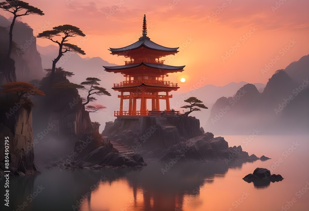 Obraz premium A traditional Japanese temple or shrine perched atop a tall, rocky cliff overlooking a dramatic sunset landscape with a glowing orange sky and reflective water below