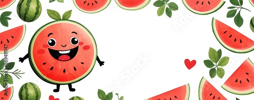 Cute happy watermelon character surrounded watermelon slices, plants, heart on white background. Smiling fun fruit cartoon character. Banner with copy space. For design, advertising, card. 	 photo