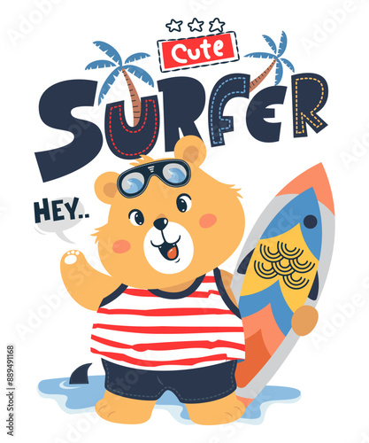 Cute surfer bear wearing sunglasses holding a fish surfboard say hey on the beach isolated on white background illustration vector.