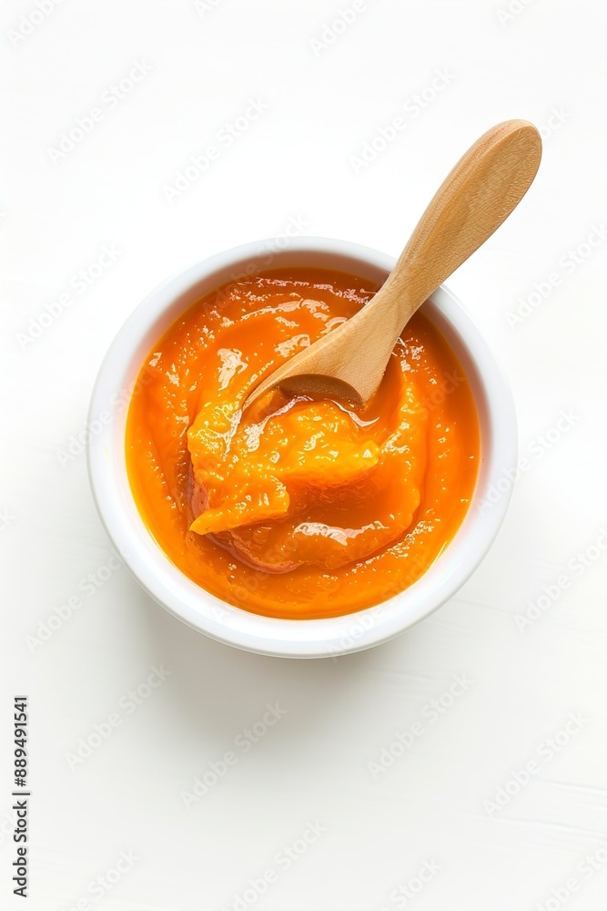 Tasty baby food in bowl and spoon isolated on white top Tasty baby food in bowl and spoon isolated on white top