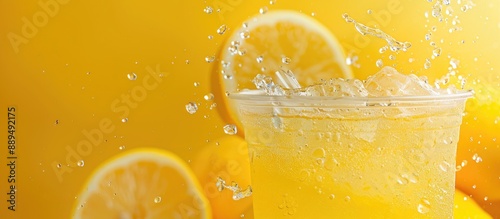 Popular and delicious lemonade in a to-go plastic cup, representing the concept of refreshing drinks with a copy space image.