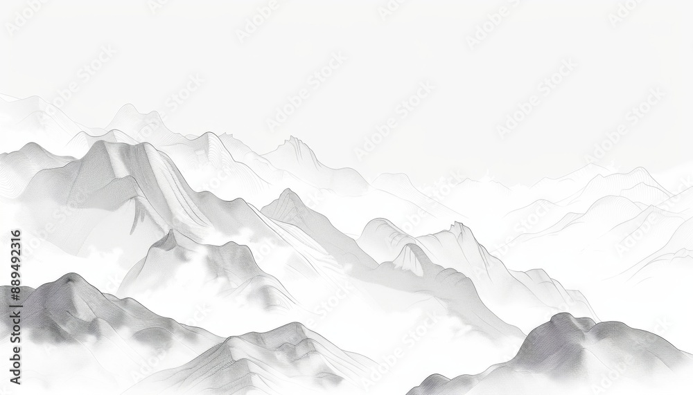 Fototapeta premium Minimalist Line Art of Misty Mountains on White Background. Abstract Aesthetic, Decorative Wall Art. AI-Generated Monochrome Design.