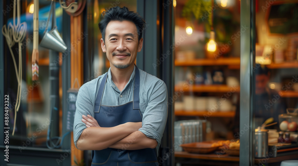 adult successful asian man stand in front of his restaurant