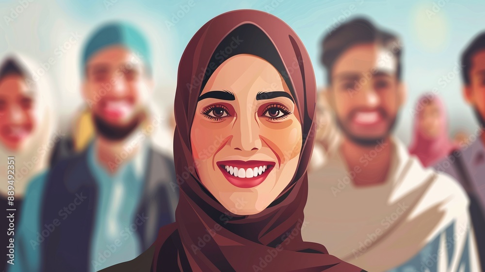 A Muslim woman in a hijab with a happy face stands and smiles with a confident smile against the background of other people A Muslim woman in a hijab with a happy face stands and smiles with a confident smile against the background of other people