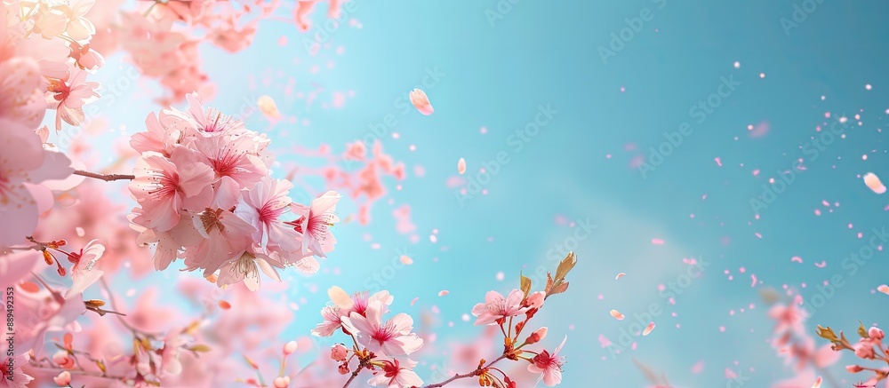 Pink Sakura cherry blossoms bloom beautifully during spring against a blue sky in the copy space image. Pink Sakura cherry blossoms bloom beautifully during spring against a blue sky in the copy space image.