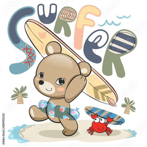Teddy bear cartoon carrying over head a surfboard walking on the beach isolated on white background illustration vector.