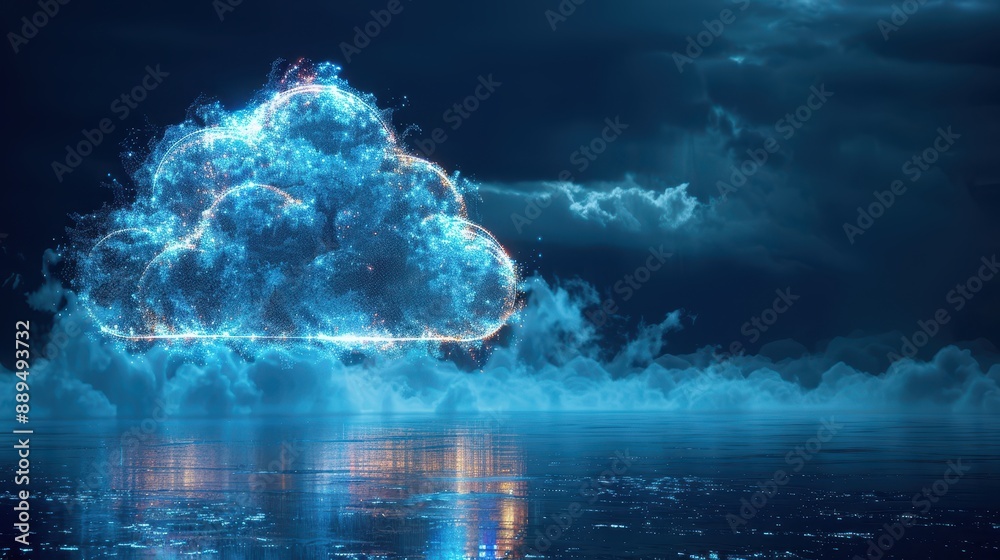 Data Security Concept: Abstract Wireframe of Secure Cloud Storage Icon with Blue Glow on Dark Background Data Security Concept: Abstract Wireframe of Secure Cloud Storage Icon with Blue Glow on Dark Background