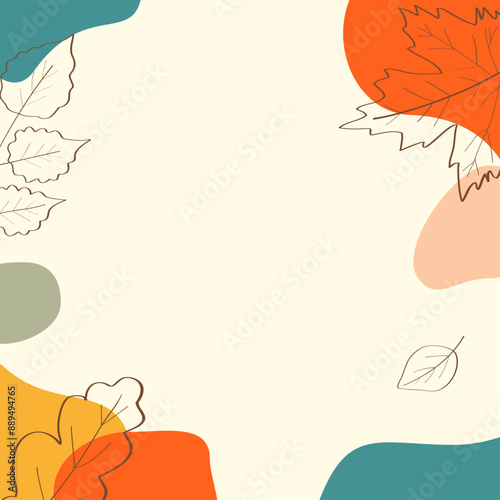Autumn sale banner with discounts on a beige background with colored spots and leaves hand drawn with one line outline template. Flat doodle style. Vector illustration.