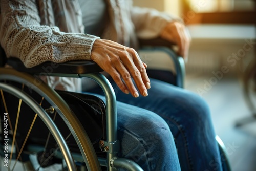 Woman in wheelchairs hand on wheel close up disability