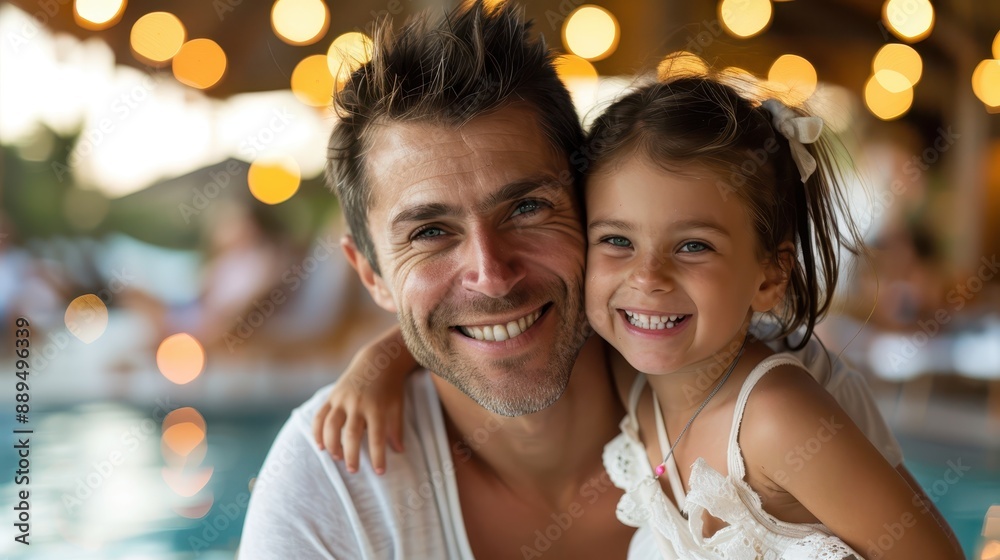 A happy father hugging his smiling daughter by the poolside under warm, glowing lights in the background, representing a bonding moment and family joy. A happy father hugging his smiling daughter by the poolside under warm, glowing lights in the background, representing a bonding moment and family joy.
