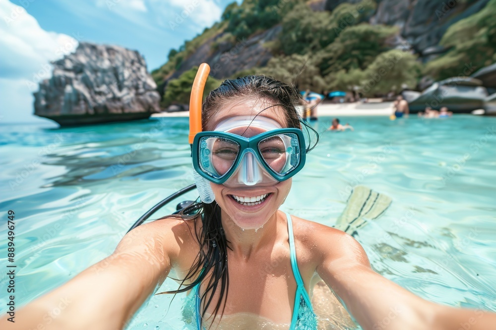 Fototapeta premium Young beautiful girl with diving mask taking a selfie
