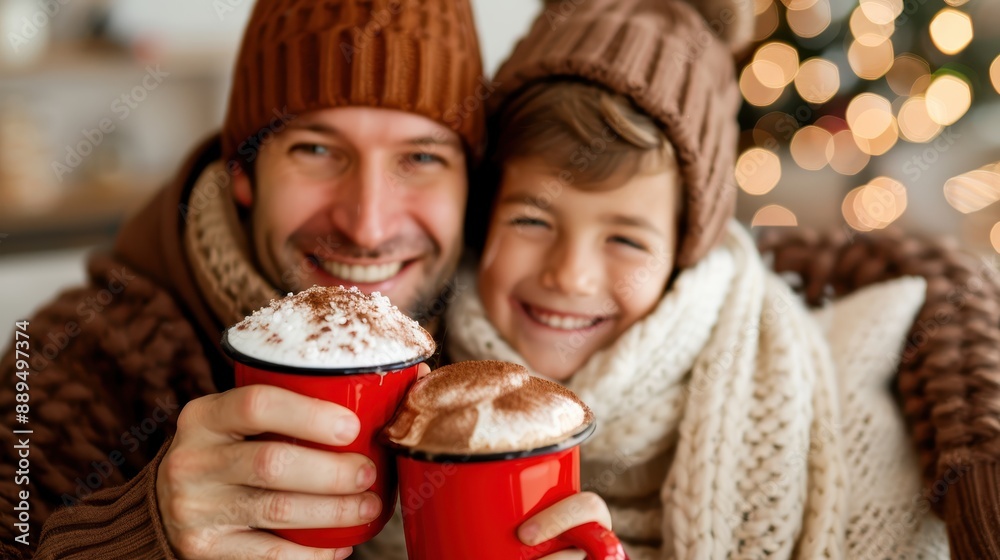 A cozy scene featuring a warmly-dressed father and his child, smiling together while holding steaming mugs of hot drinks, emphasizing their bond and warmth during the cold season. A cozy scene featuring a warmly-dressed father and his child, smiling together while holding steaming mugs of hot drinks, emphasizing their bond and warmth during the cold season.
