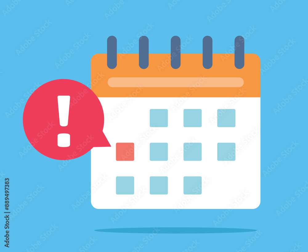 Calendar with a marked date. A red bubble with an exclamation point appears next to the date. Flat design vector. Calendar with a marked date. A red bubble with an exclamation point appears next to the date. Flat design vector.