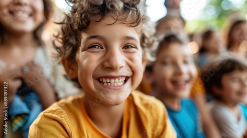 A cheerful child with curly hair wearing a yellow shirt smiles brightly among other children in a lively environment, capturing a moment of pure joy and happiness.