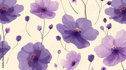 Seamless Pattern of Purple Flowers in Simple Flat Illustration Style on Cream Background. Perfect for Fabric Designs, Wallpapers, and Gift Wrapping