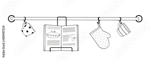 kitchen crossbar with cookbook, cups and oven-glove	