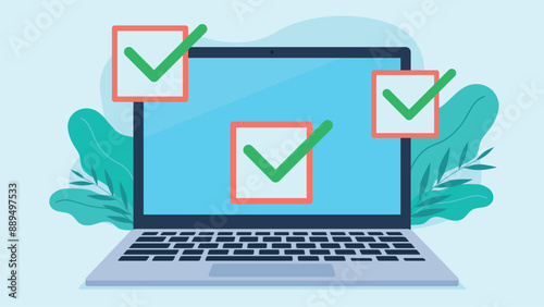 Three green checkmarks on the laptop screen. Vector graphics in flat design. Colorful graphics. Everything marked correctly.
