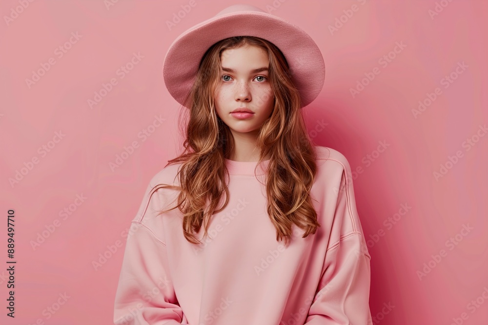 Youth fashion. Modern teen girl in a pink sweatshirt Youth fashion. Modern teen girl in a pink sweatshirt