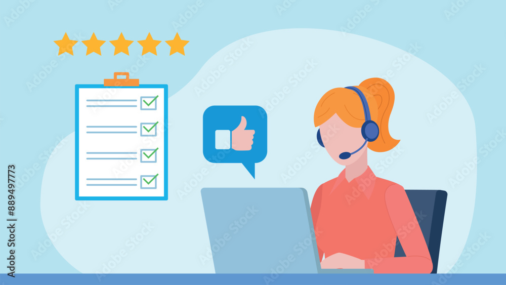 An female employee is working on a laptop with a thumbs up in cloud. A website in the background with a completed checklist. The checklist is completed correctly. 5 stars feedback. Flat design vector. An female employee is working on a laptop with a thumbs up in cloud. A website in the background with a completed checklist. The checklist is completed correctly. 5 stars feedback. Flat design vector.
