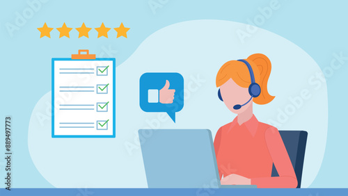 An female employee is working on a laptop with a thumbs up in cloud. A website in the background with a completed checklist. The checklist is completed correctly. 5 stars feedback. Flat design vector.