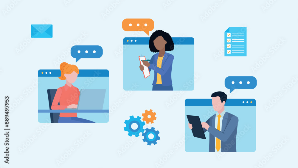 Video chat in the company. The characters are located in the communicator frames. There are speech bubbles next to employees. And around it there are graphic elements: email, a gear wheel, and a check Video chat in the company. The characters are located in the communicator frames. There are speech bubbles next to employees. And around it there are graphic elements: email, a gear wheel, and a check