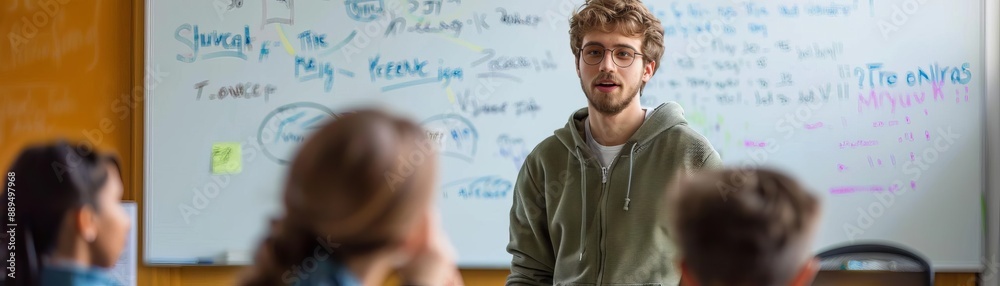 Young teacher conducting classroom lesson with attentive students, whiteboard full of notes in the background. Young teacher conducting classroom lesson with attentive students, whiteboard full of notes in the background.