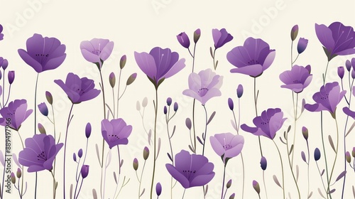 Seamless Pattern of Purple Flowers in Simple Flat Illustration Style on Cream Background. Perfect for Fabric Designs, Wallpapers, and Gift Wrapping