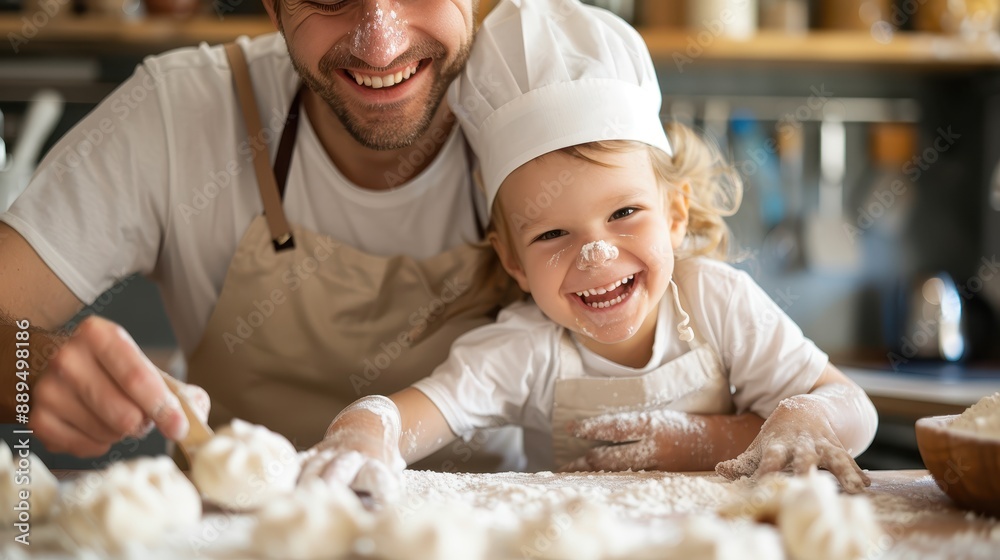 A joyful father and child engaging in baking floury delights, covered in flour and sharing laughter, depicting a moment of pure happiness and bonding in a cozy kitchen scene. A joyful father and child engaging in baking floury delights, covered in flour and sharing laughter, depicting a moment of pure happiness and bonding in a cozy kitchen scene.