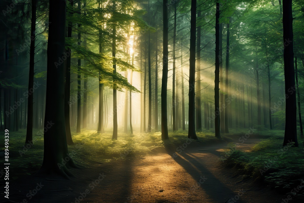 Fototapeta premium A serene forest with sunlight filtering through the trees, representing the beauty of preserved nature selective focus, preservation theme, ethereal, double exposure, dense forest
