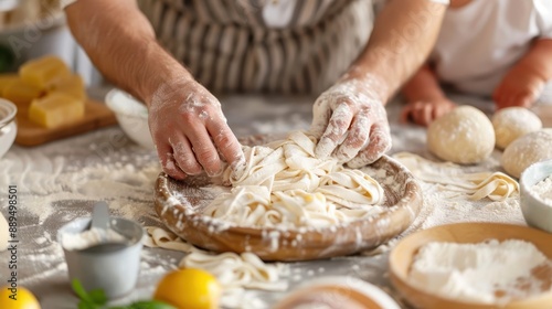 Hands busy preparing fresh pasta dough on a flour-dusted surface with rolling pins and other ingredients nearby, depicting a classic and rustic culinary preparation scene.