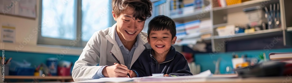Teacher helping a student with homework at their desk, Teacher, supportive and attentive Teacher helping a student with homework at their desk, Teacher, supportive and attentive