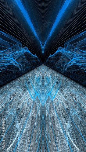 Against a black background and on  tall format , futuristic bright blue and shades of grey pointed design