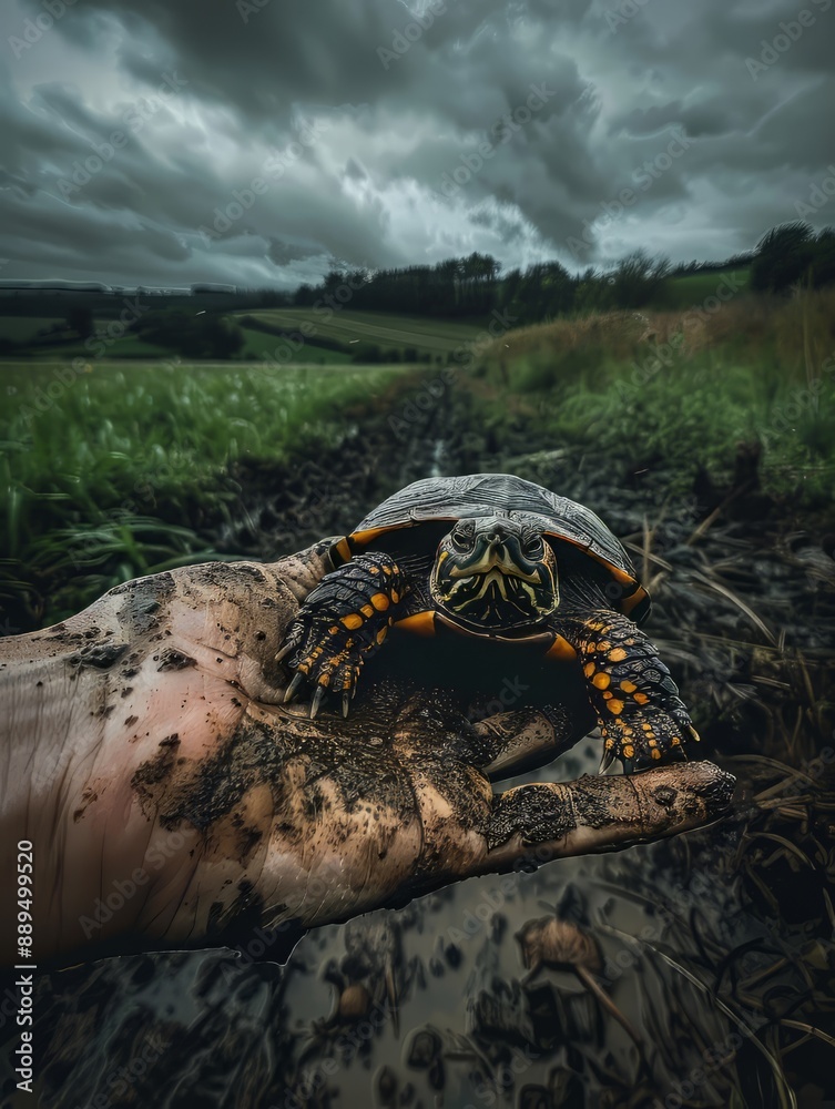 Hand holding a turtle in front of a grassy field on an overcast day