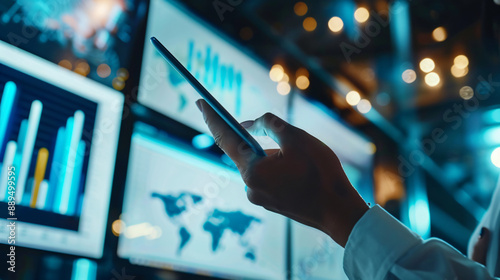 Businessperson analyzing financial data on a digital tablet with multiple screens displaying charts and world map in a modern office setting.