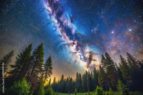 Milky Way Galaxy shining bright over dense forest, galaxy, scenic, nature, stars, woods