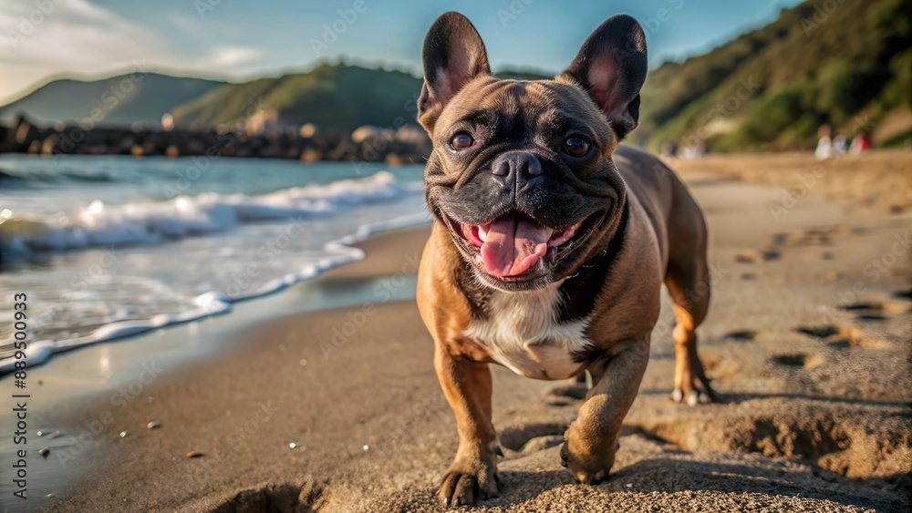 Fototapeta premium Happy french bulldog walking on the beach.