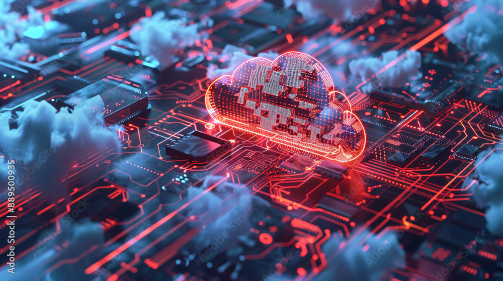 Futuristic cloud computing concept with neon lights and circuit board elements, showcasing advanced technology and digital connections.