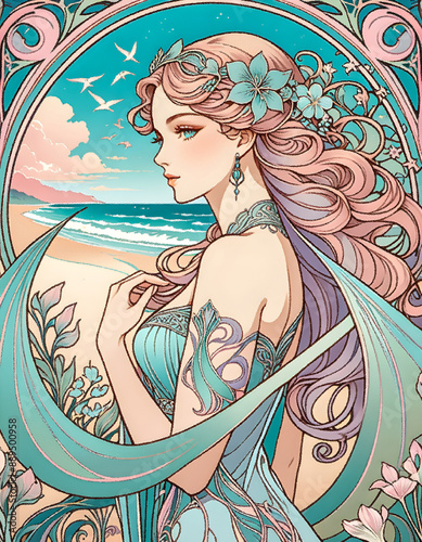 Art Deco Woman Illustration in Soft Pastel Colors