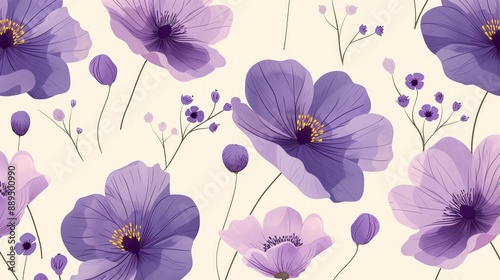 Seamless Pattern of Purple Flowers in Simple Flat Illustration Style on Cream Background. Perfect for Fabric Designs, Wallpapers, and Gift Wrapping