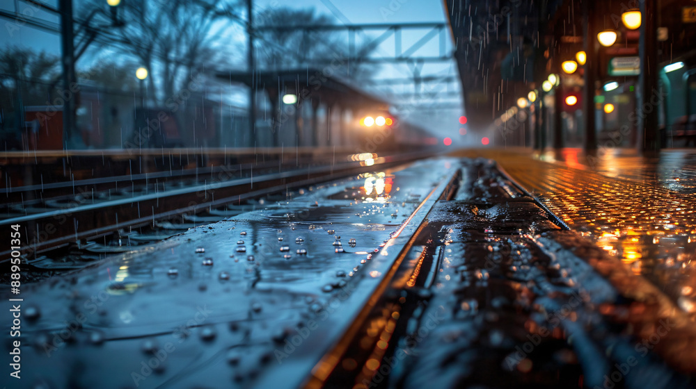 Moody train station scene at dusk with rain-soaked tracks, glistening lights, and blurred background, capturing a sense of calm and anticipation. Moody train station scene at dusk with rain-soaked tracks, glistening lights, and blurred background, capturing a sense of calm and anticipation.