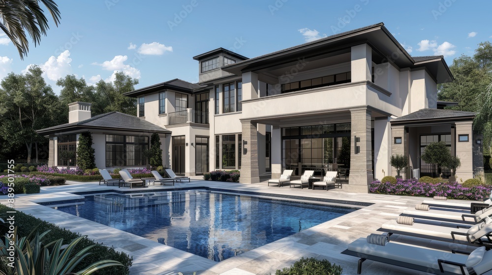 Fototapeta premium Luxurious Modern Mansion with Pool - 3D Rendering of Upscale Contemporary Architecture Featuring Spacious Outdoor Area and Elegant Design Elements