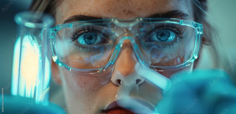 Close Up Of A Female Scientist Wearing Safety Glasses In A Laboratory Close Up Of A Female Scientist Wearing Safety Glasses In A Laboratory