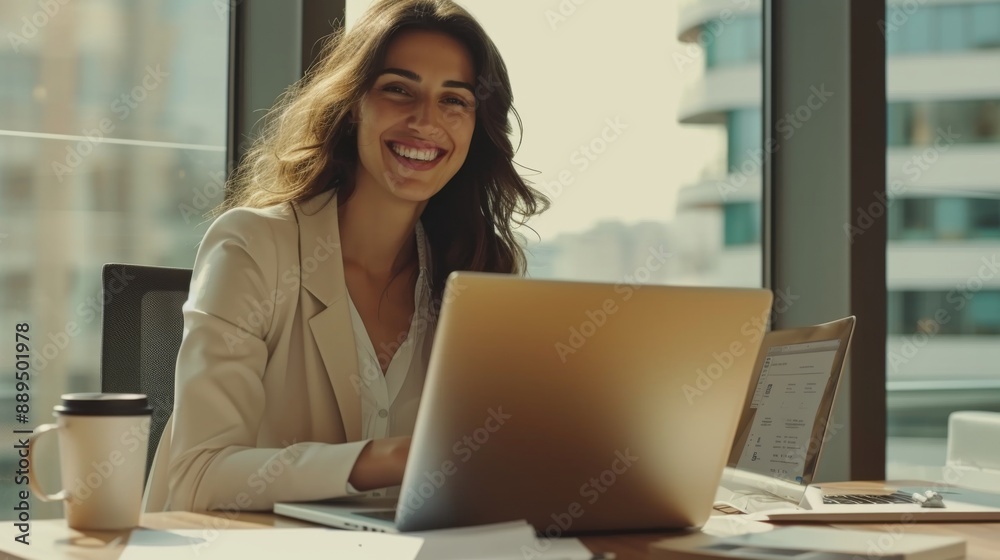 Businesswoman smiling as she works on her laptop in a modern office Businesswoman smiling as she works on her laptop in a modern office