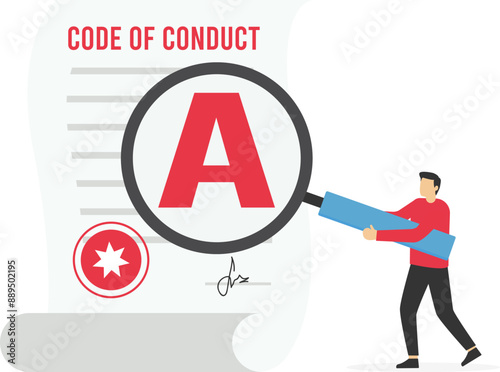 Businessteam writing code of conduct document. Ethical policy, regulation, principles guideline for work responsibility, compliance document. Flat vector illustration.

