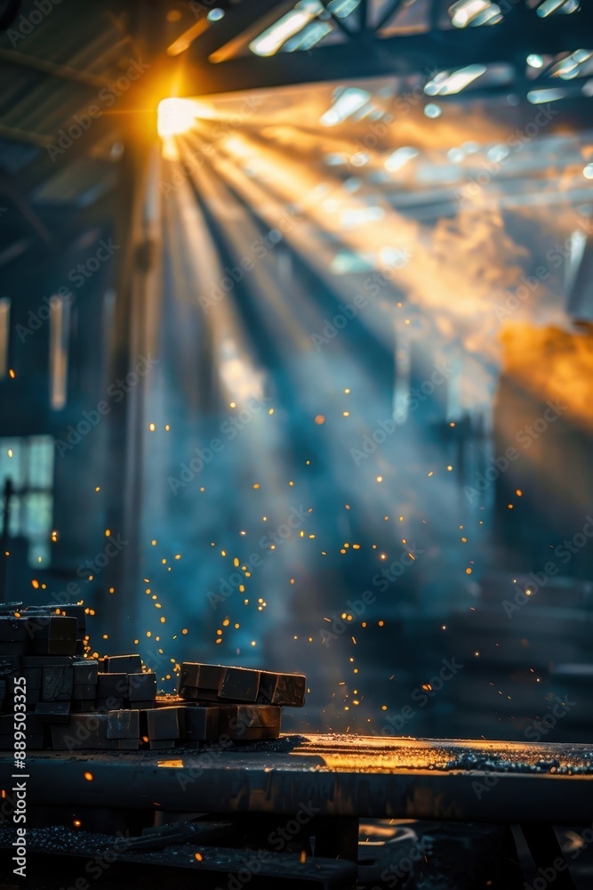 A photo of a factory with a lot of smoke and sparks. Scene is dark and industrial A photo of a factory with a lot of smoke and sparks. Scene is dark and industrial